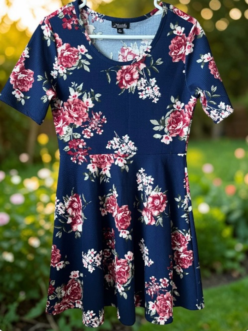 Navy Floral Fit & Flare Dress with Pink Roses by J for Justify - Picture 5 of 9
